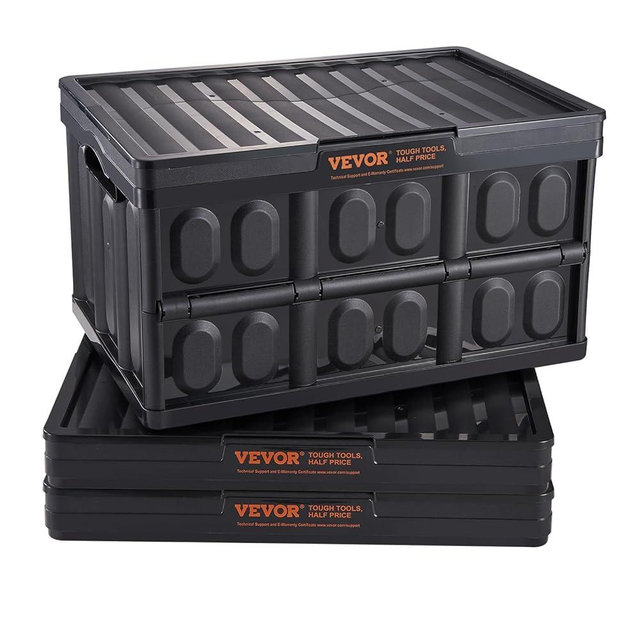VEVOR 45L Collapsible Storage Bins with Lids 3 Packs, Stackable Utility Crates with Handles, Large Folding Containers for Organizing Tools, Snacks, Books, Food, Drinks, Camping & Transport