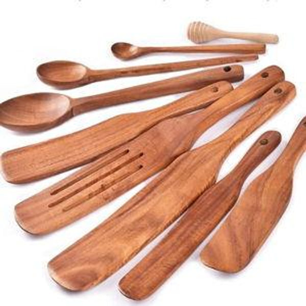 Spurtle Set,Wooden Spurtle Set of 9,Wooden Spoons for Cooking, Natural Teak Wooden Utensils for Cooking, Stirring, Mixing, Serving,Spurtles Kitchen Tools As Seen On Tv