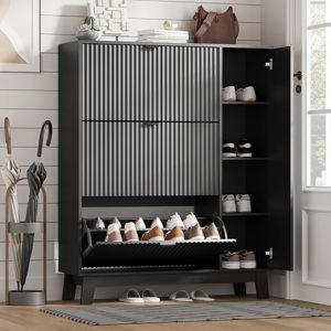 Black Shoe Cabinet Storage for Entryway with 3 Flip Drawers & Side Cabinet, Fluted Narrow Shoe Organizer with Wooden Leg, Freestanding Shoe Storage Hidden Shoe Rack Organizer for Front Door Entrance, Black