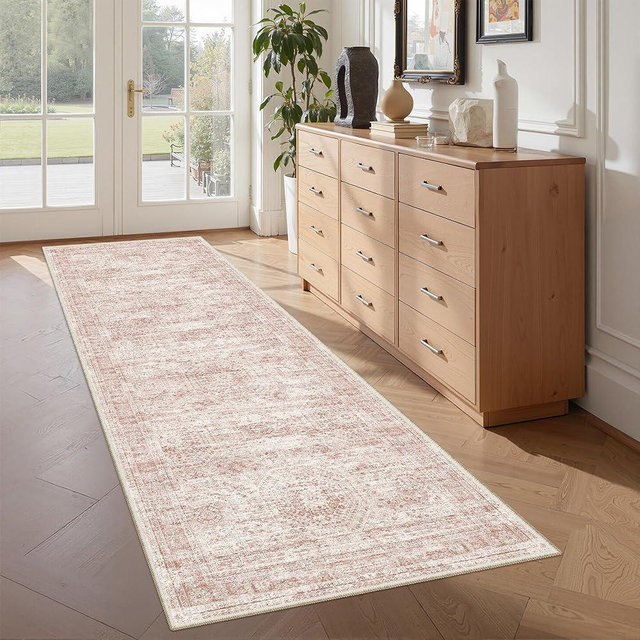 Restydon Washable Runner Rugs for Bedroom - 2x6 Runner Rug Non Slip, Ultra-Thin Entryway Runner, Soft Abstract Kitchen Runner for Hallway, Laundry, Bathroom, Indoor Door Mat(2'x6', Pink/Ivory)