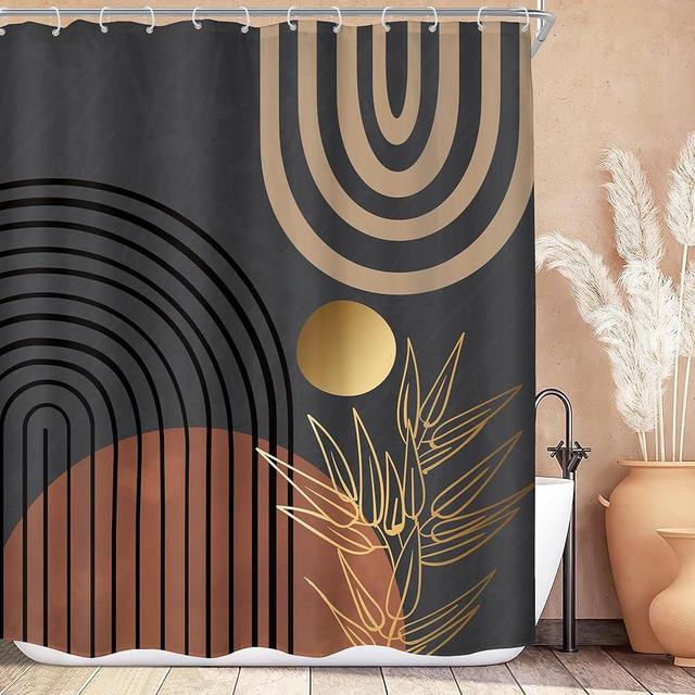 KOMLLEX Abstract Boho Shower Curtain for Bathroom Decor 60Wx72H Modern Brown Grey Neutral Men Shower Curtain Chic Leaves Mid Century Simple Minimalist Fabric Waterproof Polyester 12 Pack Hooks