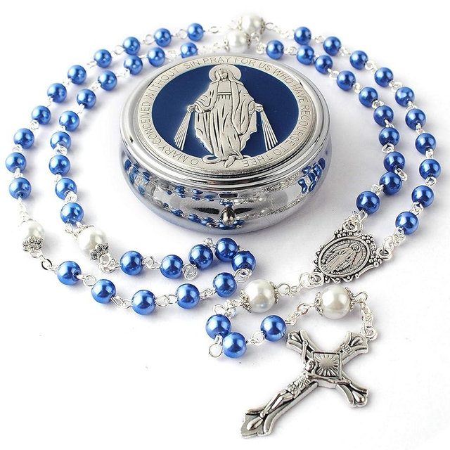 HanlinCC 6mm Glass Pearl Beads with 8mm Our Father Beads with Caps Rosary Pack in Miraculous Metal Gift Box