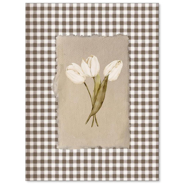 White Tulips Floral Wall Art Vintage Cottagecore Botanical Poster Rustic Brown Gingham Canvas Prints for Farmhouse Bedroom Wall Decor 12X16 inch Unframed