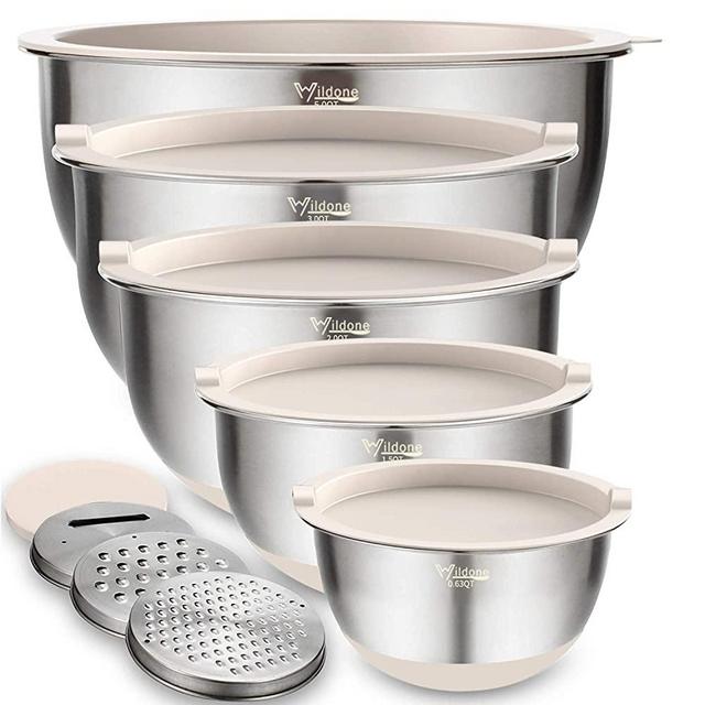 Mixing Bowls Set of 5, Wildone Stainless Steel Nesting Bowls with Khaki Lids, 3 Grater Attachments, Measurement Marks & Non-Slip Bottoms, Size 5, 3, 2, 1.5, 0.63 QT, Great for Mixing & Serving
