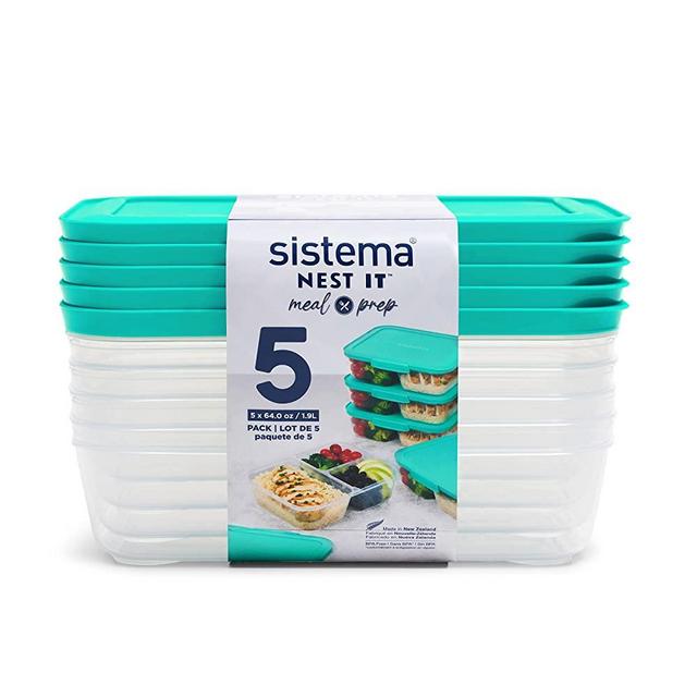 Sistema Nest It Meal Prep Food Storage Containers with Lids, 3 Compartments, 8 Cups, 5-Pack, Teal
