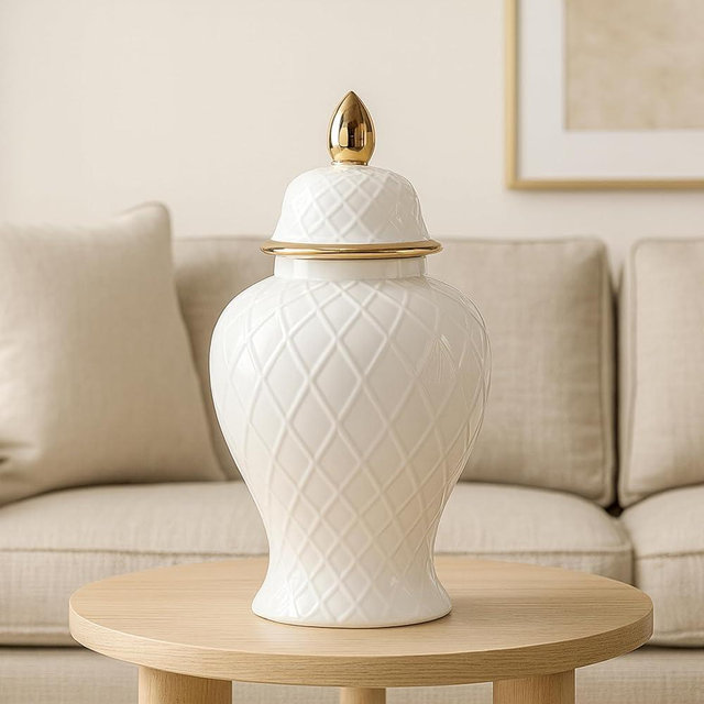 Embossed Lattice Ginger Jar with Gold Accent Lid – Hand-Painted Ceramic Decorative Vase for Home Decor – Modern Centerpiece for Living Room, Bedroom & Office – 20", White