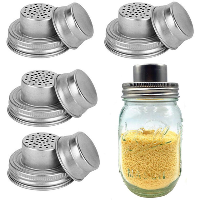 4 Pack Stainless Steel Mason Jar Shaker Lids with Silicone Seals for Dredge Flour,Mix Spices,Sugar, Salt, Peppers and Any Regular Mouth Mason Jar Canning Jar