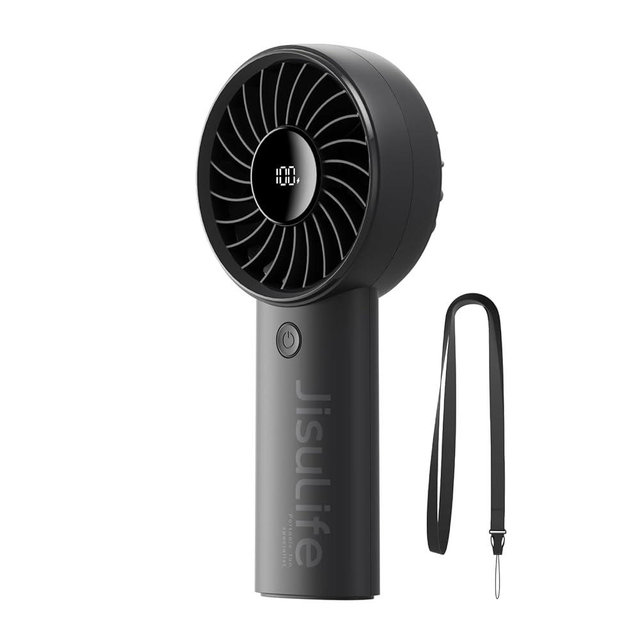 JISULIFE Handheld Fan Life4[5-Speed Turbo Wind Pro],5000mAh Portable Rechargeable Fan with LED Display, Lanyard;Summer Essentials for Travel,Beach,Vacation,Makeup,Concerts,Cruise-Black