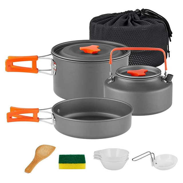 YETO Hard-Anodized Aluminum Foldable Camping Cookware Set Backpacking Camping Pots and Frying Pans Cooking Camp Kitchen Camping Mess Kit Eco-Friendly Cooker Set for 2-3 Persons