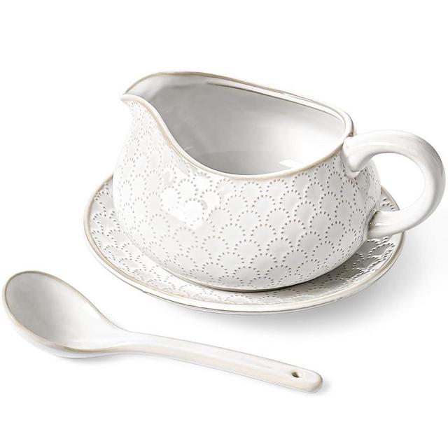 LE TAUCI Gravy Boat with Ladle and Saucer Stand 24oz, Ceramic Sauce Boat with Tray for Salad Dressings, Creamer, Broth, Black Pepper, Set of 1, Arctic White, Firework