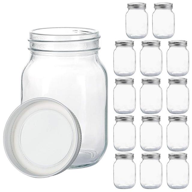 YINGERHUAN Glass Regular Mouth Mason Jars, 16 oz Clear Glass Jars with Silver Metal Lids for Sealing, Canning Jars for Food Storage, Overnight Oats, Dry Food, Snacks, Candies, DIY Projects (15PACK)