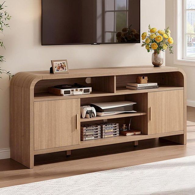EliteSet TV Stand for TVs Up to 65'' - [Unique Curved Profile, FSC-Certified Wooden Board] Entertainment Center with Adjustable Shelves and Storage Cabinet Modern Media Console for Living Room
