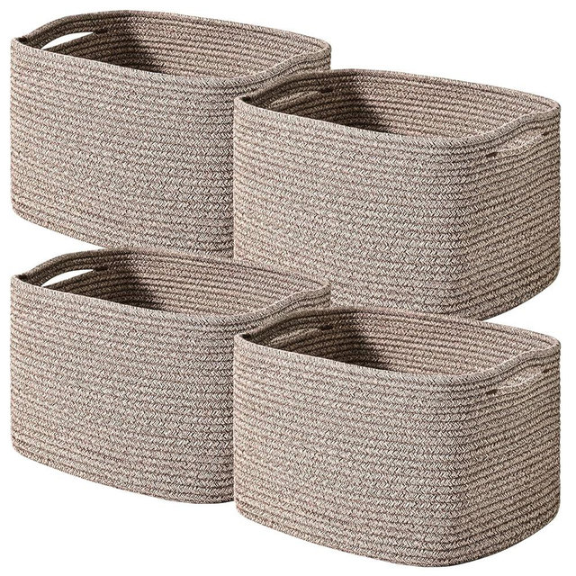 ICERZCZ Storage Baskets for Shelves Organizing, Woven Cotton Rope Baskets for Storage, Book Basket, Decorative Shelf Basket, 12.5"Lx9.1''Wx7.9''H (4 Packs) Dark Brown