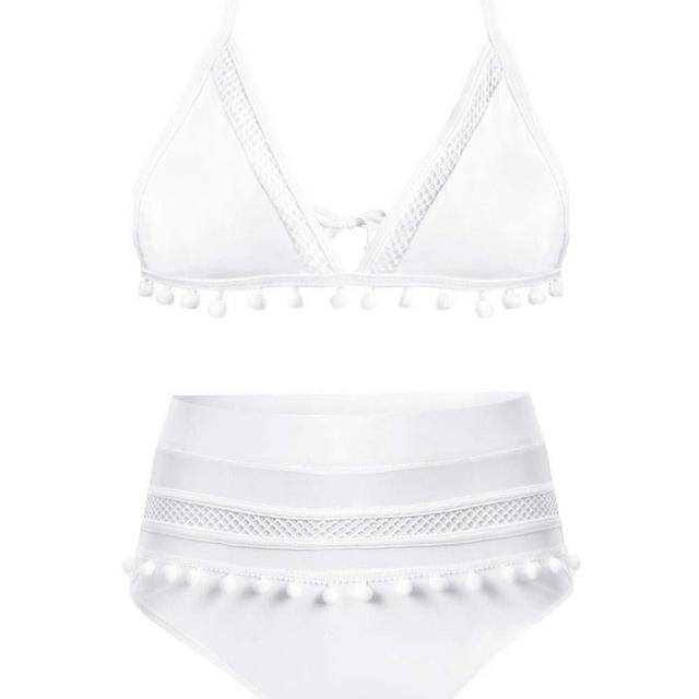 FZ FANTASTIC ZONE Women's High Waist Two Pieces Bikini Set Padded Tassel Swimsuit for Women White
