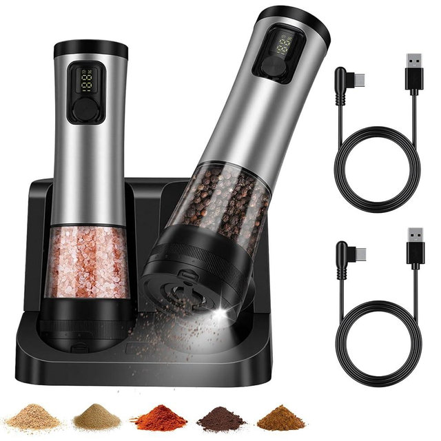 Electric Salt and Pepper Grinder Set with LED Light, 5 External Adjustable Coarseness, 800mAh Battery Life, 100ml*2 Large Capacity and Upgraded 2-Speed Setting–The Ultimate Kitchen Companion