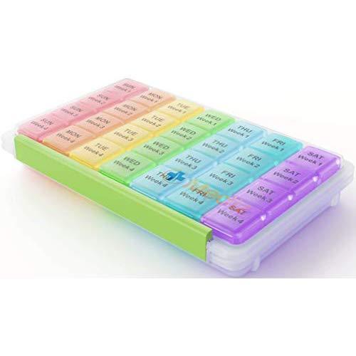 Monthly Pill Organizer, Daily Month Pill Box, 28 Day Case, Extra Large One Month Container, 4 Week Planner, 1 Month Dispenser, Easy Open Arthritis Friendly With Travel Case – Mediz