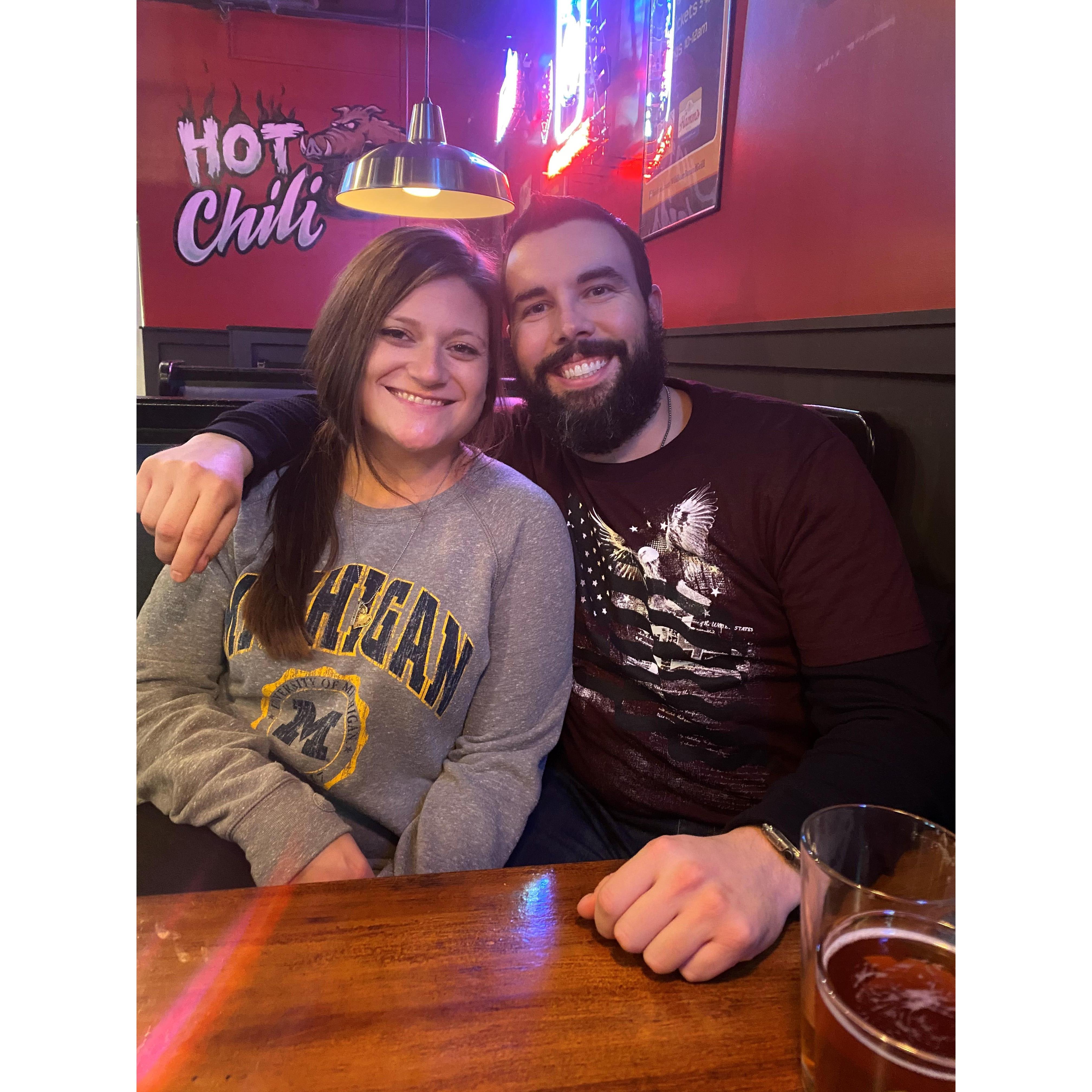 Our first picture together! This is our favorite place to visit in Hopkins, The Wild Boar