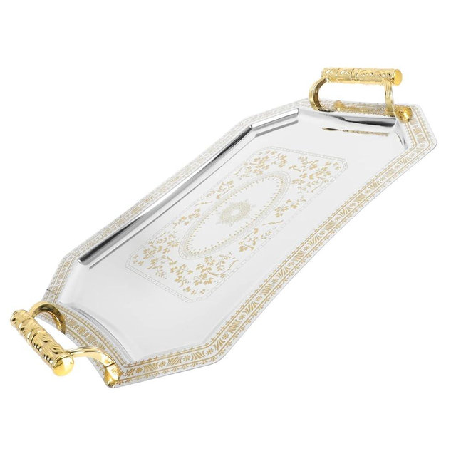 Serve Tray for Coffee Table Dresser Organizer Serveware Platter Jewelry Dish with Gold Polished Metal Handles Vintage Decorative Plates Perfume Living Room Kitchen Serving Tray