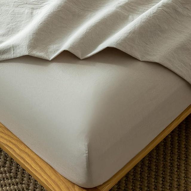 MooMee Fitted Bottom Sheet Only 100% Washed Cotton Linen Like Textured Breathable Durable Soft Comfy Deep Pocket Fits Mattress up to 17" (Tannish Linen Grey, Queen)