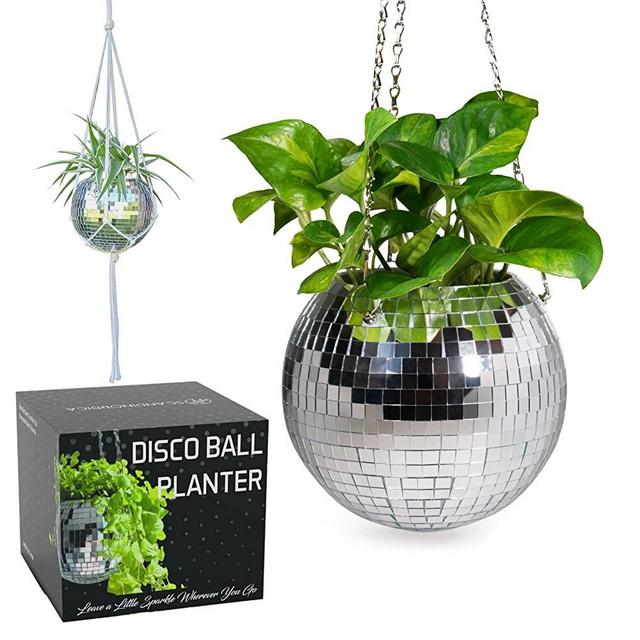 SCANDINORDICA Disco Ball Planter – Disco Ball Plant Hanger, Mirror Disco Planter with Chain and Macrame Rope, Boho Disco Ball Hanging Planter | Disco Ball Decor - 8 inch Silver