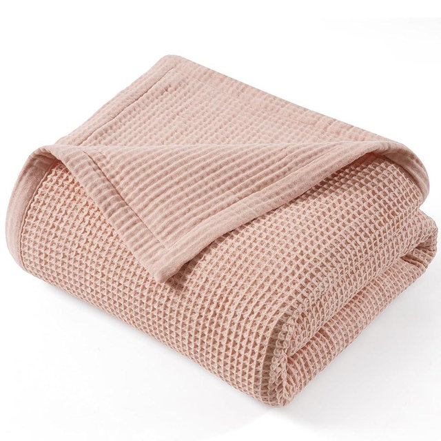 PHF Reversible Waffle & Muslin Blanket 100% Cotton 400GSM King Size 104" x 90", Breathable Lightweight and Soft, Luxury Aesthetic Waffle Gauze Blanket for Home Decor, Ideal Gift, Rose Smoke