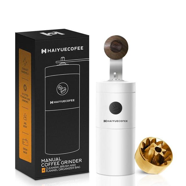 HAIYUECOFEE Manual Coffee Grinder - Hand Coffee Bean Grinder, Titanium-Coated Grinding Core - Aluminum Alloy Rocker with Ebony Wood Handle - Adjustable Grind Size - With Brush & Storage Bag (White)
