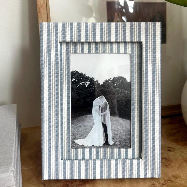 Blue & Ivory Stripe Fabric Wrapped Picture Frame and Mat - 4x6 photo