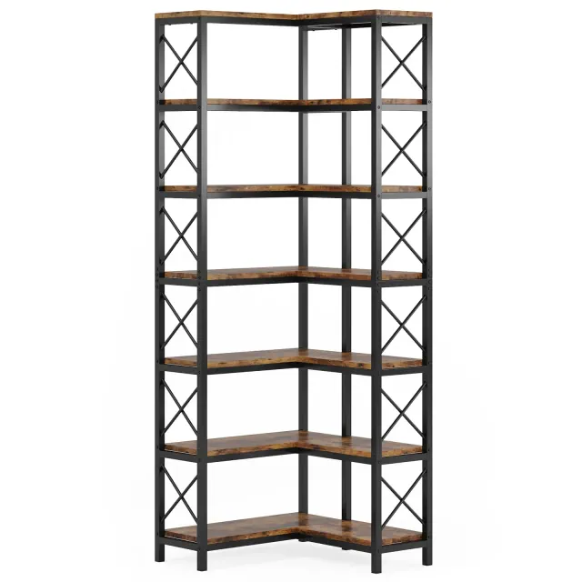 Tribesigns 7-Tier L-Shaped Bookshelf, Modern Corner Book Display Shelving Unit Rustic Brown