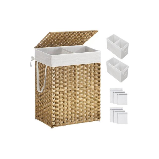 SONGMICS 90L Laundry Hamper with Lid Clothes Hamper with 2 Removable Liner Bags & 6 Mesh Bags Natural