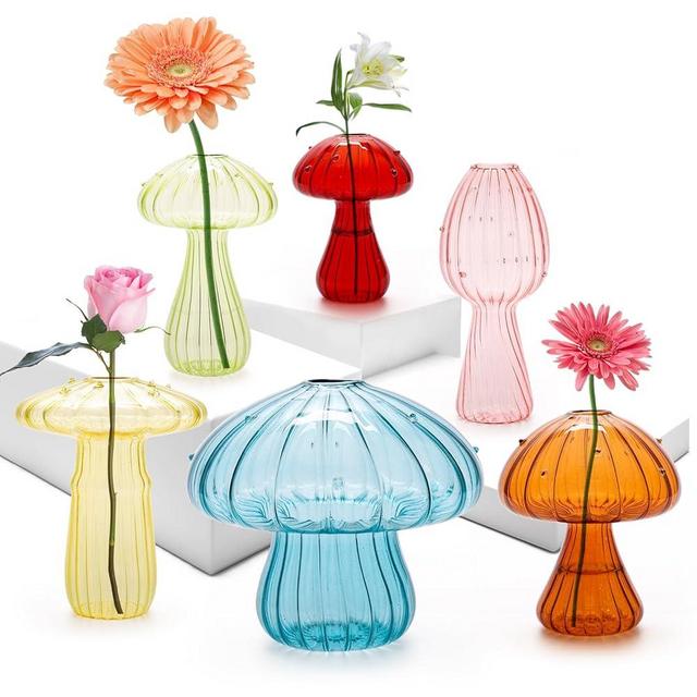 6Pcs Mushroom Vase,Colored Glass Vase,Mushroom Propagation Vases for Plants,Cute Hydroponic Flower Vase,Small Bud Vase,Mushroom Planter Home Office Decor for Women Gift Propagation Station