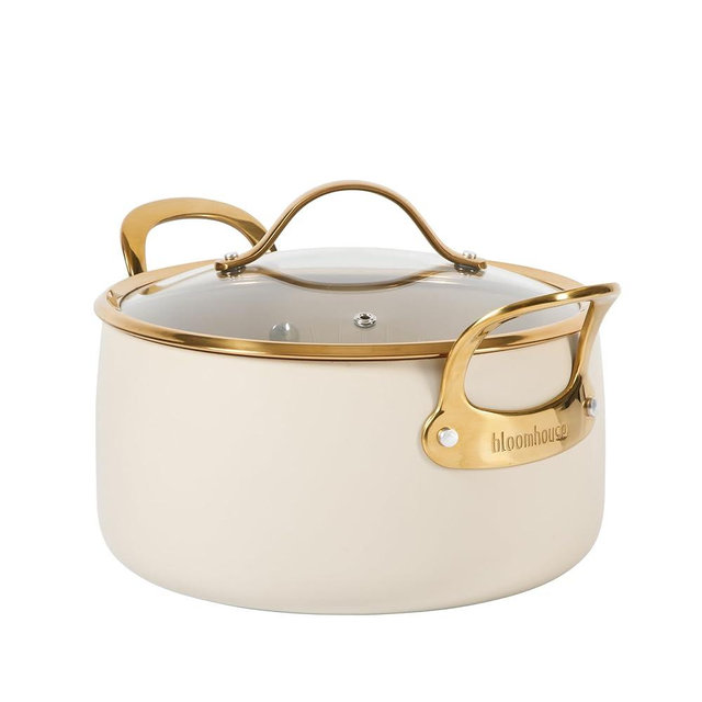 bloomhouse - Oprah's Favorite Things - 6 Quart Heavy Duty Aluminum Premium PFA Free Ceramic Nonstick Dutch Oven Pot with Lid - Almond Cream w/Gold Handle