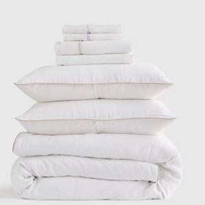 European Linen Piped Deluxe Bedding Bundle - White/Toffee, Queen