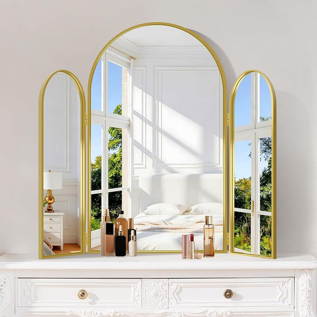 CRISMIR Trifold Vanity Mirror, 30x36Inch Arch Bathroom Vanity Mirrors with Gold Metal Frame, Foldable Wall Mounted 3 Way Mirror Make-up for Bedroom Dressing Desk Table