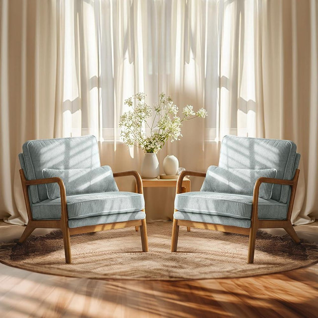 VINGLI Upgraded Premium Corduroy Accent Chairs Set of 2,Upholstered Arm Chair,Solid Wood Comfy Reading Chair with Lumbar Pillow, Mid Century Modern Chairs for Living Room,Bedroom,Light Teal