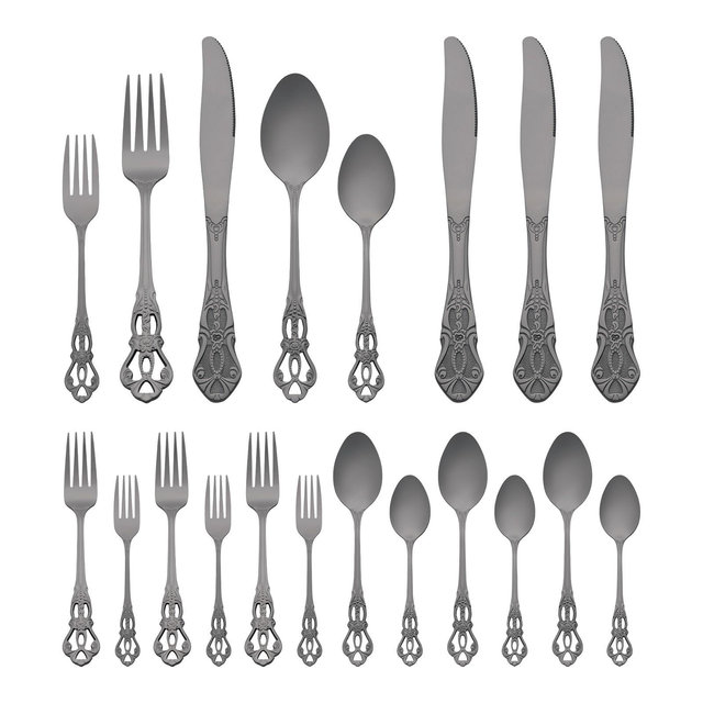 REGALWOVEN 20 Piece Stainless Steel Floral Modern Flatware Cutlery Set Silverware Set Black