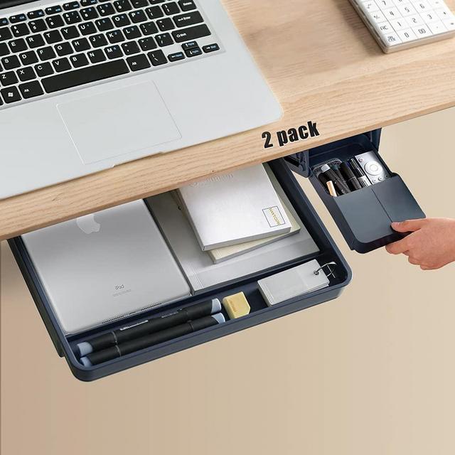 Under Desk Drawer Storage Organizer - 2 Pack (Large and Small) Blue - (Please Note Drawer Size / No Lip Under Desktop / Smooth Desktop)