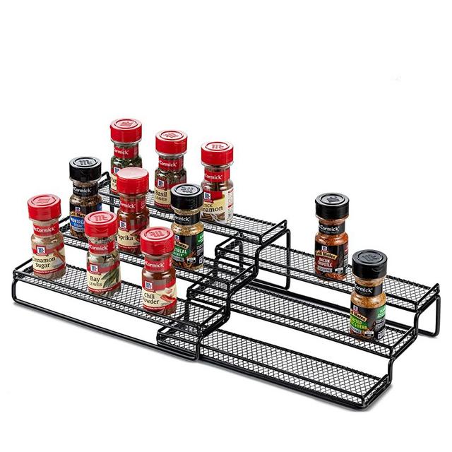 3 Tier Expandable Spice Rack Organizer for Cabinet, Black Modern Pantry Kitchen Countertop Stand 3 Step Shelf - Expands 12 to 24 Inches