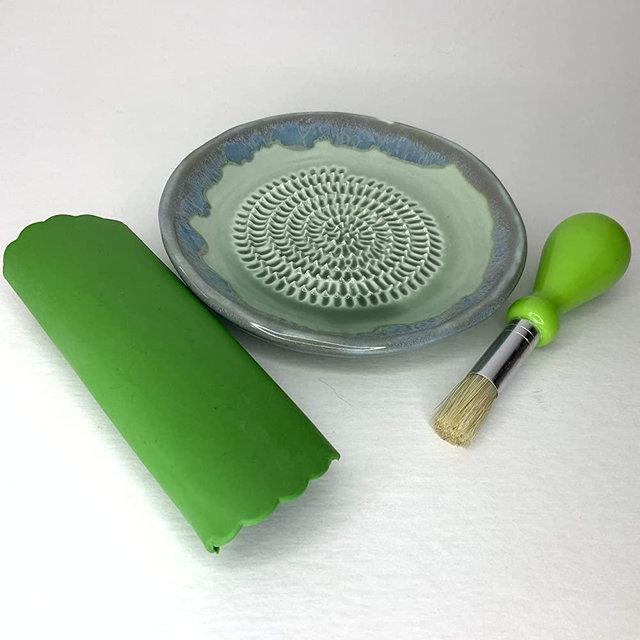 BonCera, All-in-one 4pcs Premium Ceramic Garlic Grater Set - Hand-Made, Green Glazed Design Grater Plate w/Garlic Peeler, Gathering Brush, Display Stand, It's also grating Turmeric, Ginger, and more,