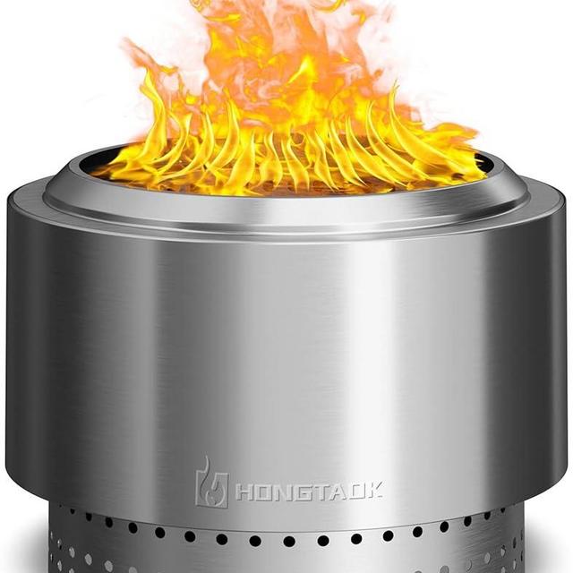 HongTaok 20 Inch Smokeless Fire Pit with Removable Ash Pan, Fire Pits for Outside Wood Burning, Portable Bonfire Outdoor Firepit, Waterproof Bag & Poker Included, Stainless Steel, Camping Backyard