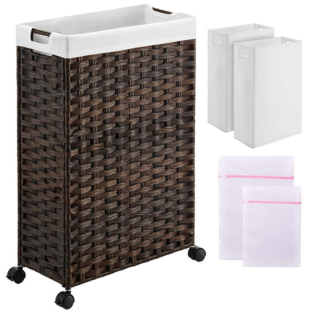 Greenstell Laundry Hamper with Wheels, 22” Slim Laundry Basket with 2 Removable Liner Bags & 2 Mesh Bags, Narrow Dirty Clothes Basket, Handwoven Synthetic Rattan Organizer in Bathroom, Bedroom, Brown