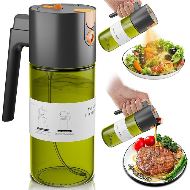 Upgrade 2 in 1 Oil Sprayer for Cooking, 17oz Olive Oil Dispenser Bottle for Kitchen Gadgets with Stickers, 2026 Large Advanced Food Grade Light-Blocking Glass Spray Bottle for Salad, Air Fryer, BBQ