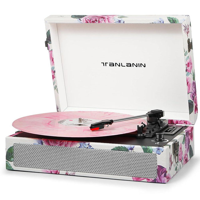 Vintage 3-Speed Record Player with Built-in Speakers, Retro LP Vinyl Player Portable Turntable with USB Recording, Bluetooth Playback, RCA/AUX/Headphone Jack, Rose Floral