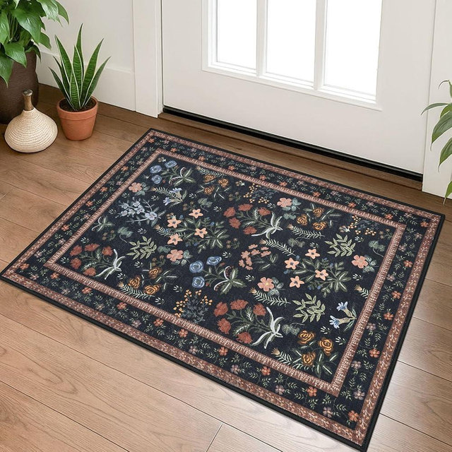 Lansny Boho Entryway Rug 2x3 Washable, Black Navy Floral Kitchen Rug, Super Thin Faux Wool Small Area Rug, Non-Slip Soft Carpet for Foyer, Bedroom, Office