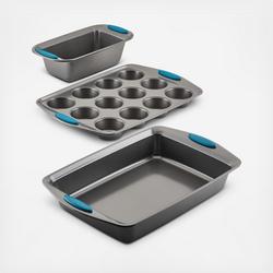  Rachael Ray Nonstick Bakeware Set with Grips includes Nonstick  Bread / Baking Pans, Cookie / Baking Sheet and Cake Pans - 10 Piece, Gray  with marine blue grips: Home & Kitchen