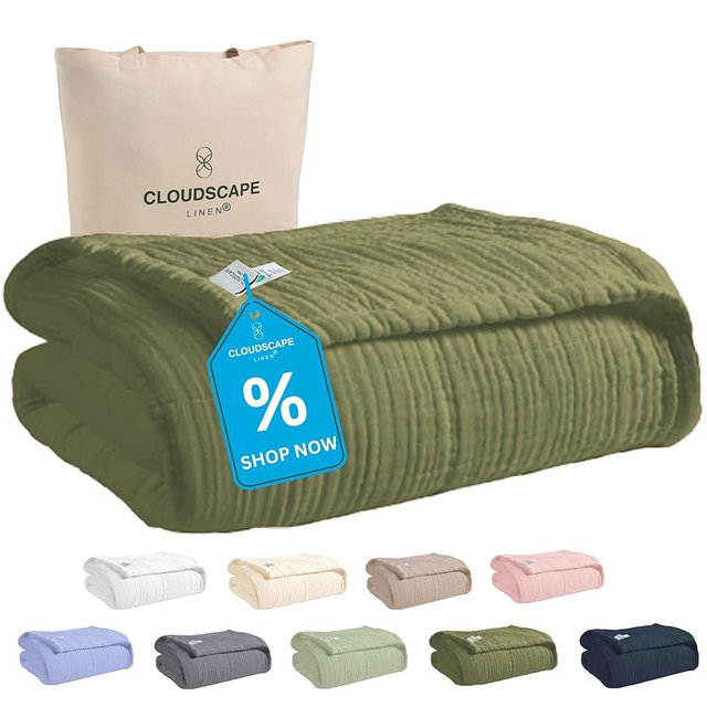 Cloud Scape Linen 100% 8-Layer Cotton Muslin Blanket Queen Size,Lightweight All Season Blanket for Bed, Oversized Cotton Blankets, fits Full Size Bed, 92x92, Olive Green