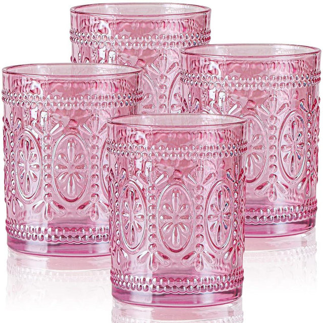 abrwyy Pink Glassware set of 4, Vintage Drinking Glasses, 10oz Pink Heavy Duty Glass Cups, Old Fashioned Glass, Embossed Glasses Set for Party Wedding Home Office Glassesware Gift