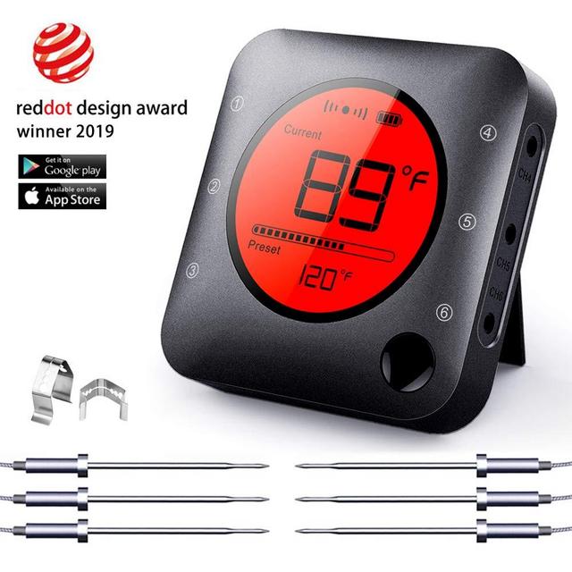 Bluetooth Meat Thermometer Wireless Meat Thermometer, Wireless Digital Grill Thermometer with 6 Temperature Probes, Large LCD Display, Bluetooth Thermometer for Grill, Smoker, Oven, Cooking and BBQ