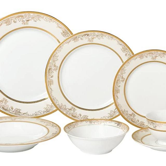 Lorren Home Trends 28 Piece 'Chloe' Bone China Dinnerware Set (Service for 4 People), Gold