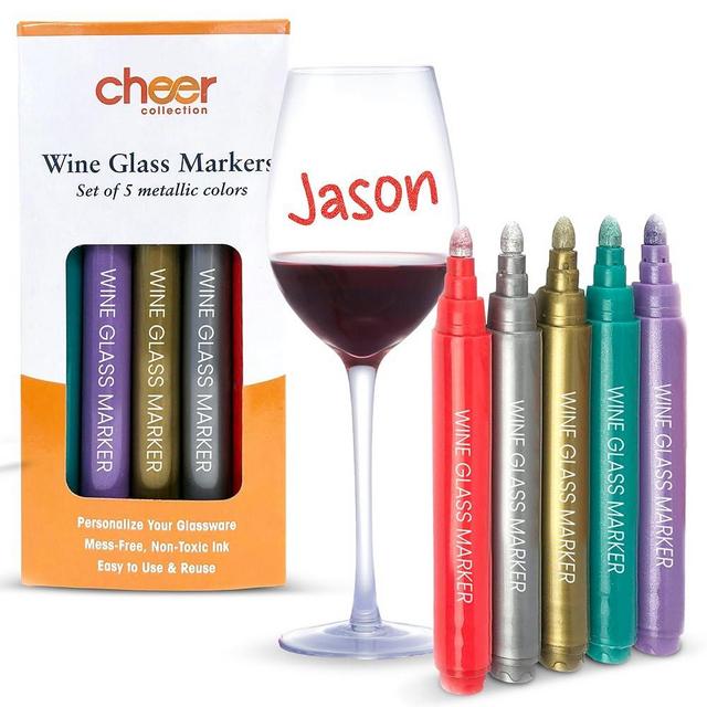 Cheer Collection Metallic Wine Glass Markers, Dry Erase Markers, Washable Wine Glass Marker Pens, Quick Dry Markers for Glasses, Ceramics, & Mirrors, Great for Weddings, Banquets & Parties, Set of 5