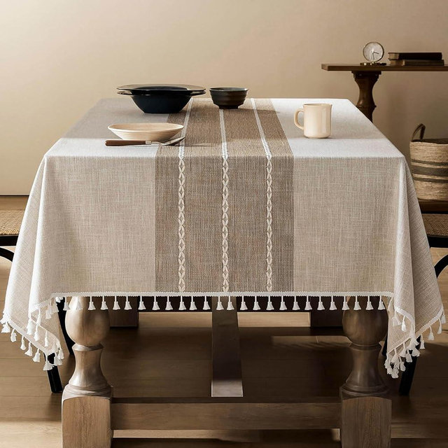 ZeeMart Rustic Cotton Linen Table Cloth Rectangle Table Cloths 60x84 Inch Brown, Farmhouse Style Heavy Weight Contrast Neutral Tablecloth, Water Resistant Burlap Tablecloths